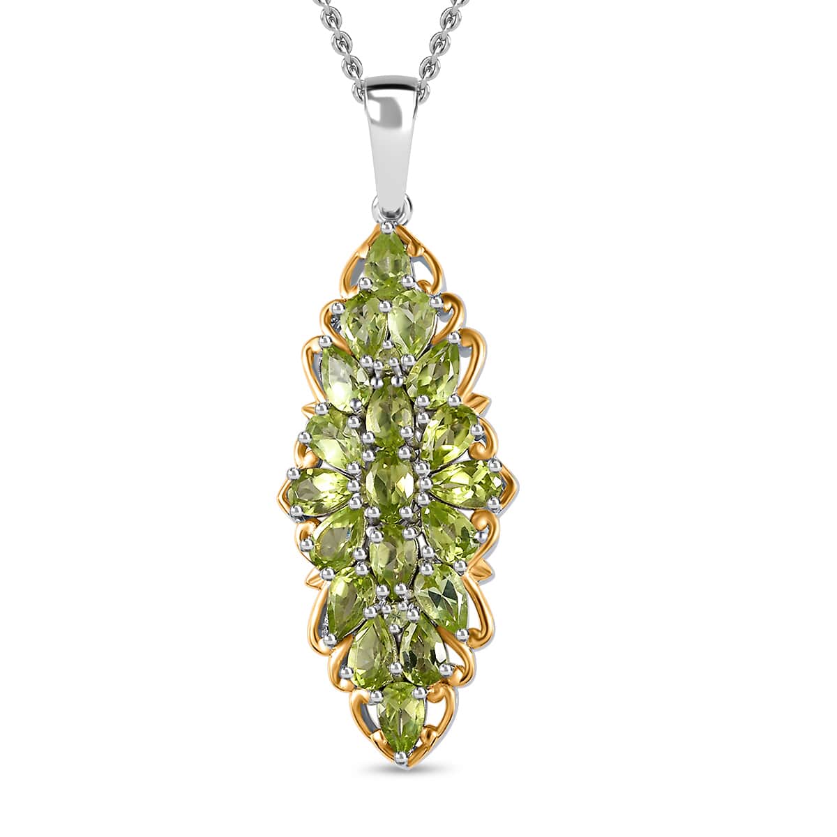 Peridot Elongated Pendant Necklace 20 Inches in Vermeil YG and Platinum Over Sterling Silver 4.65 ctw image number 0