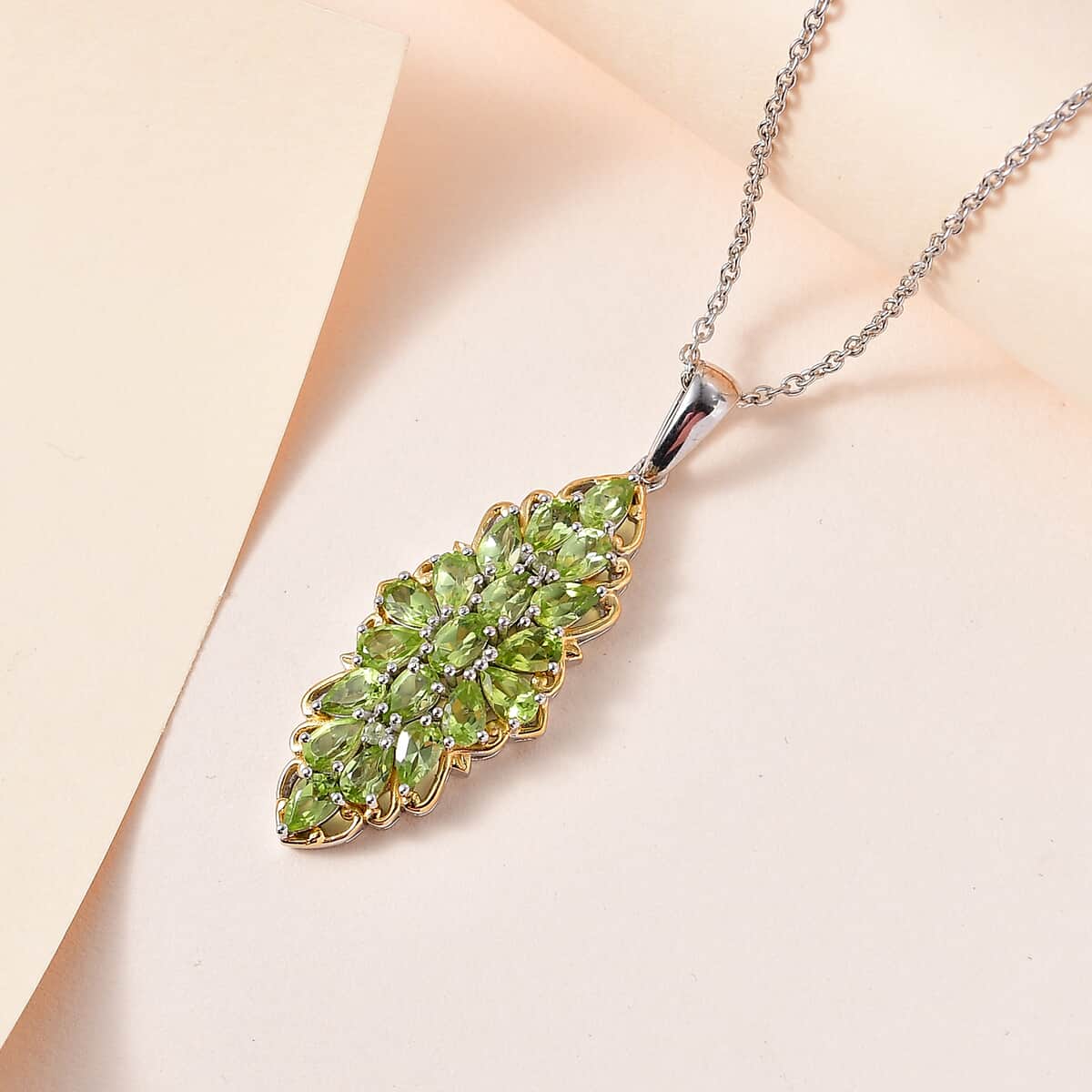 Peridot Elongated Pendant Necklace 20 Inches in Vermeil YG and Platinum Over Sterling Silver 4.65 ctw image number 1