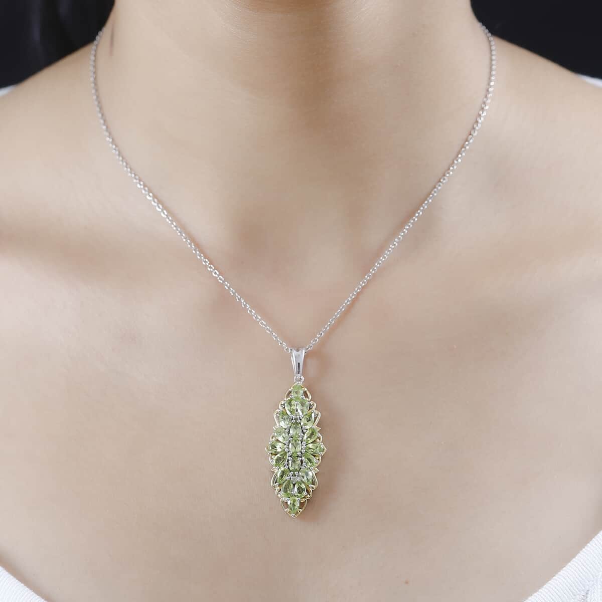 Peridot Elongated Pendant Necklace 20 Inches in Vermeil YG and Platinum Over Sterling Silver 4.65 ctw image number 2