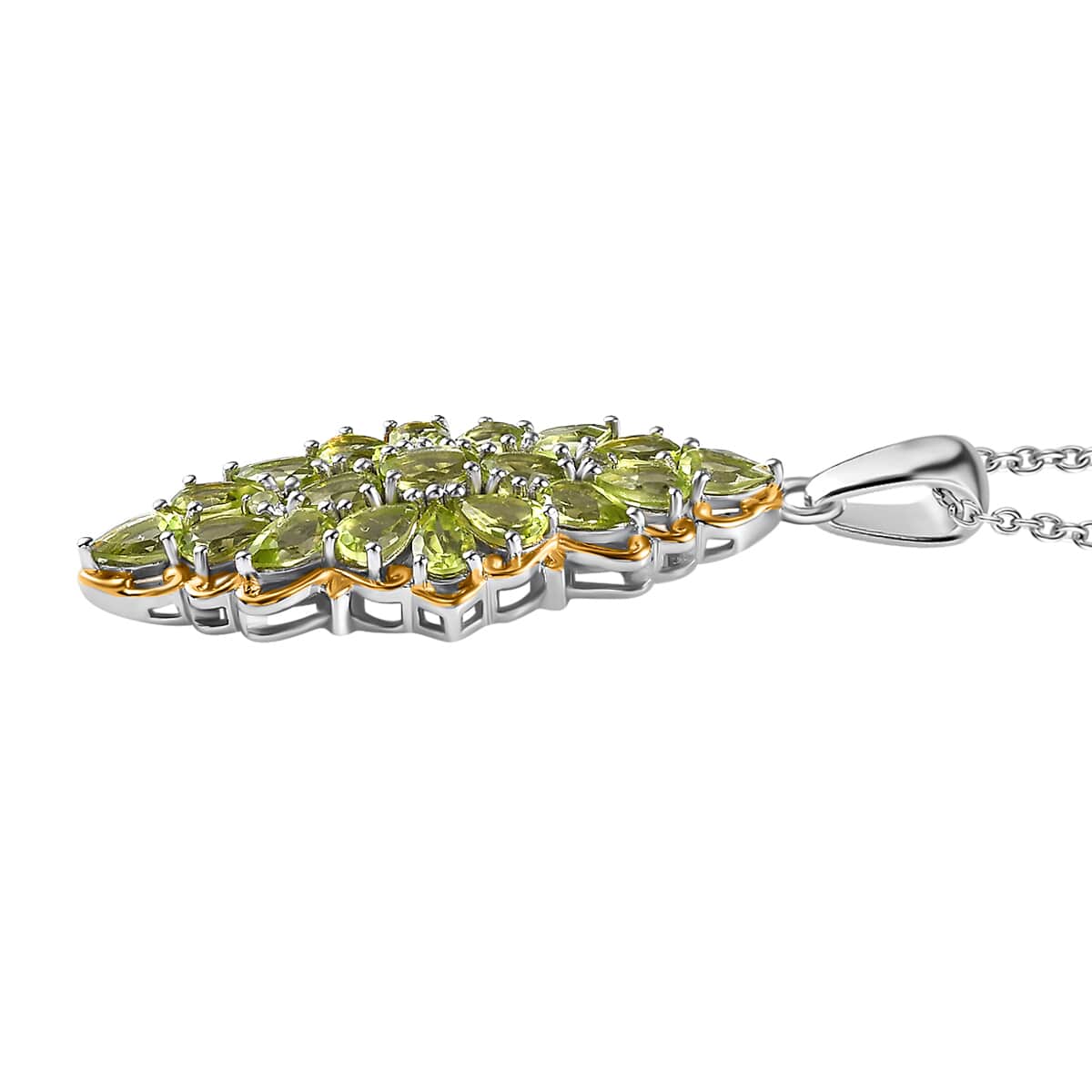 Peridot Elongated Pendant Necklace 20 Inches in Vermeil YG and Platinum Over Sterling Silver 4.65 ctw image number 3