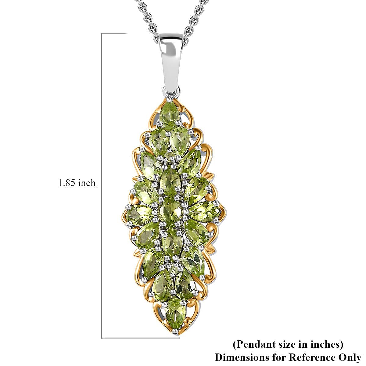 Peridot Elongated Pendant Necklace 20 Inches in Vermeil YG and Platinum Over Sterling Silver 4.65 ctw