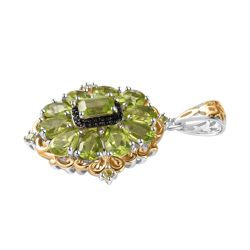 Peridot and Thai Black Spinel Floral Pendant Necklace 20 Inches in Vermeil YG and Platinum Over Sterling Silver 5.15 ctw