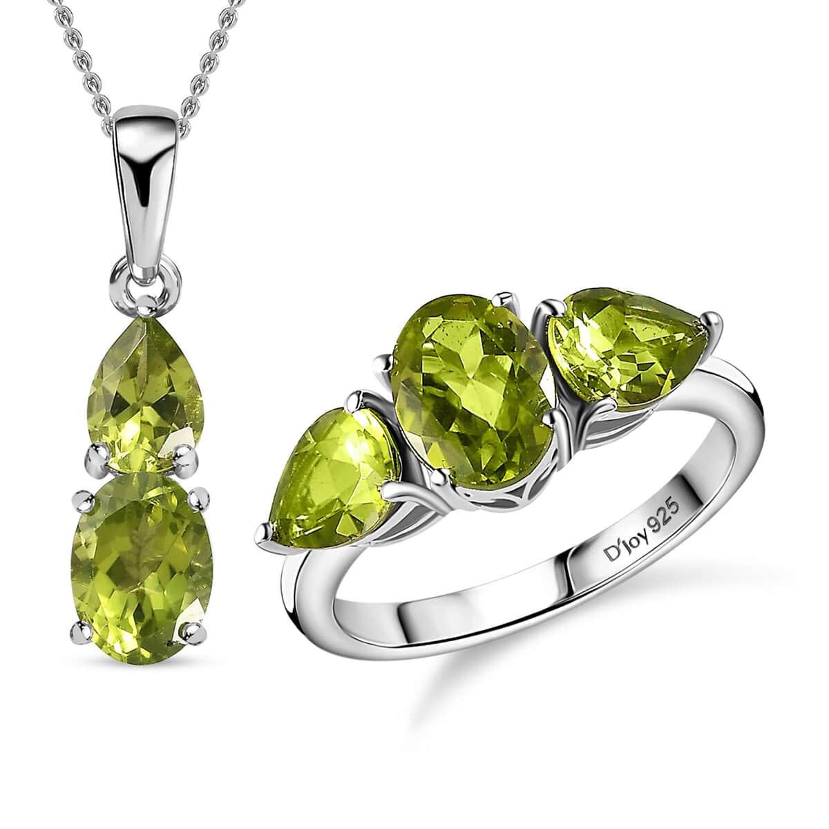 Peridot 3 Stone Ring Size 5 and Pendant Necklace 20 Inches in Platinum Over Sterling Silver (Del. in 10-12 Days) 5.00 ctw image number 0