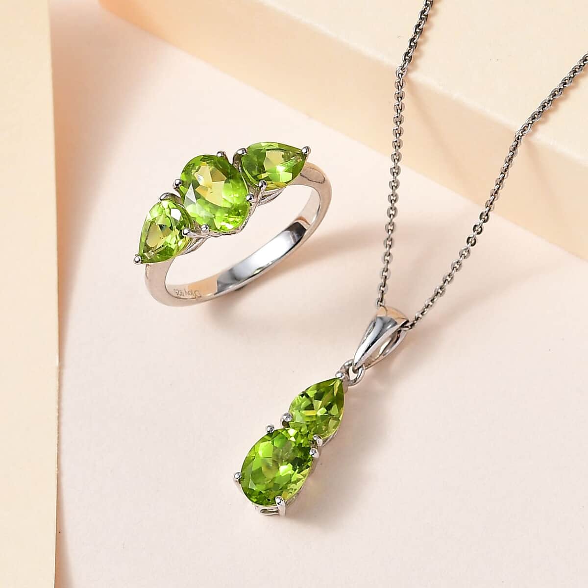 Peridot 3 Stone Ring Size 5 and Pendant Necklace 20 Inches in Platinum Over Sterling Silver (Del. in 10-12 Days) 5.00 ctw image number 1