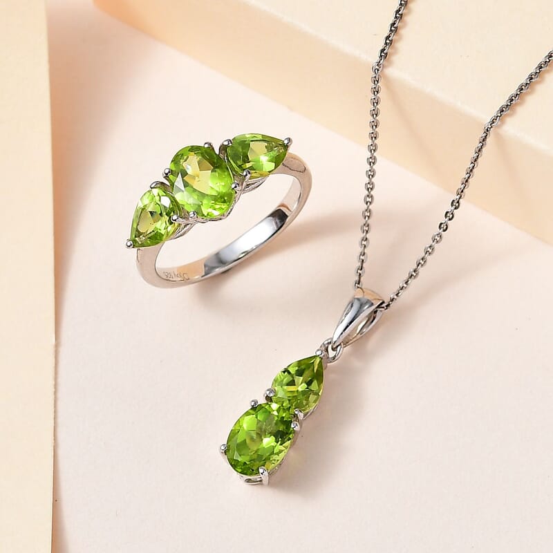 Peridot 4.65 ctw 3 Stone Ring (Size 5) and Pendant Necklace 20 Inches in Platinum Over Sterling Silver