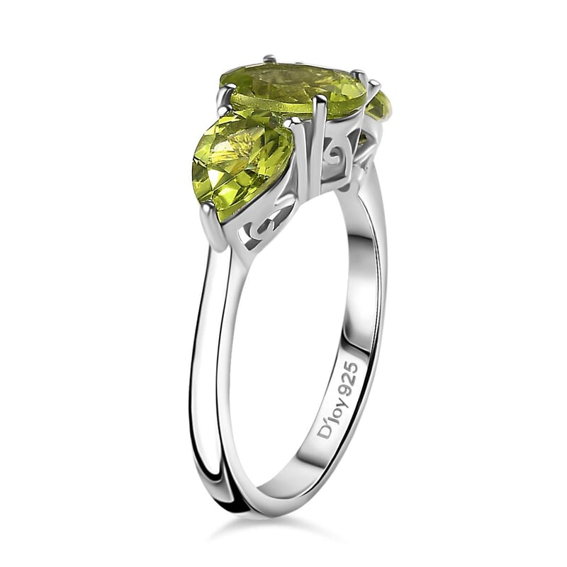 Peridot 4.65 ctw 3 Stone Ring (Size 5) and Pendant Necklace 20 Inches in Platinum Over Sterling Silver