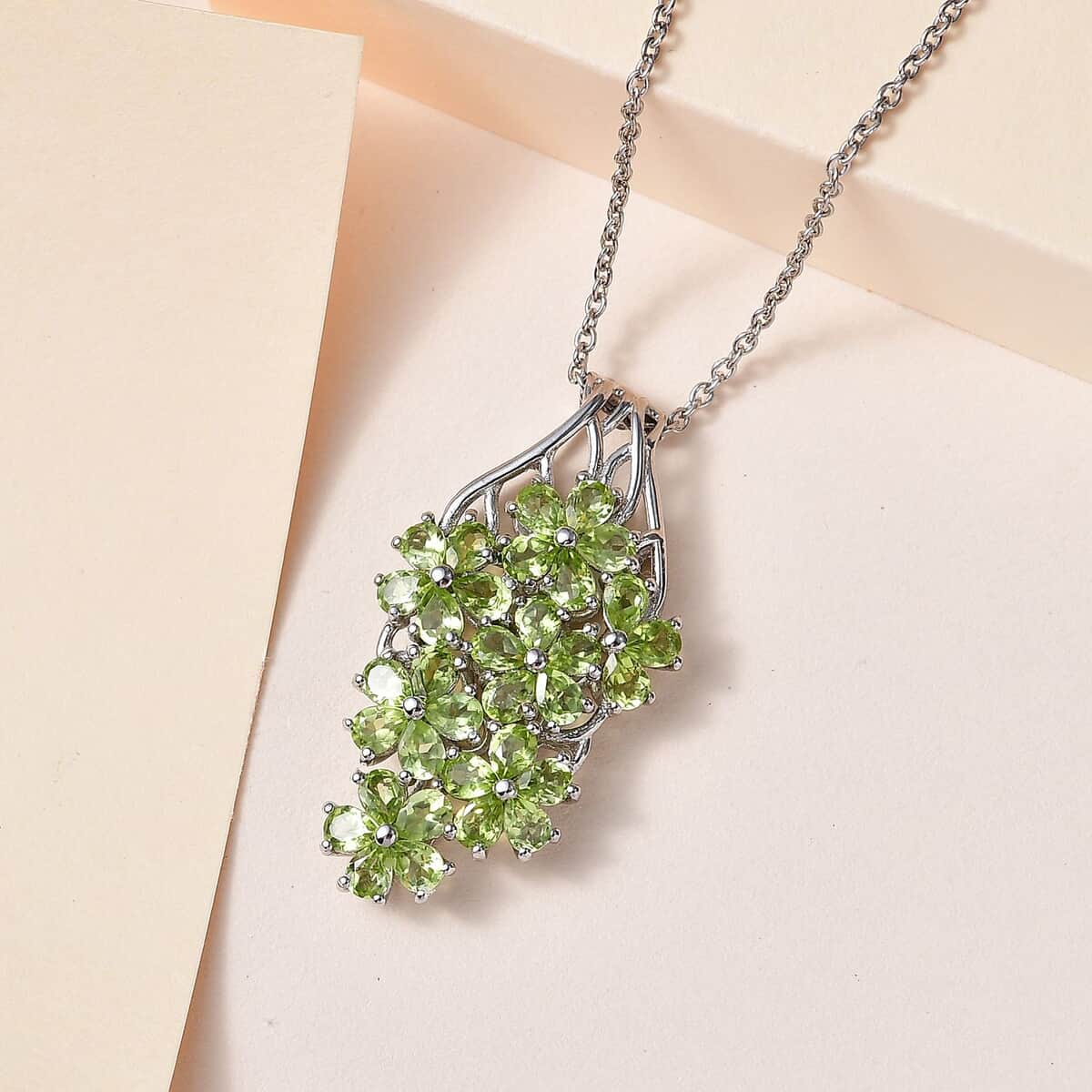 Peridot Floral Pendant Necklace 20 Inches in Platinum Over Sterling Silver 5.25 ctw image number 1