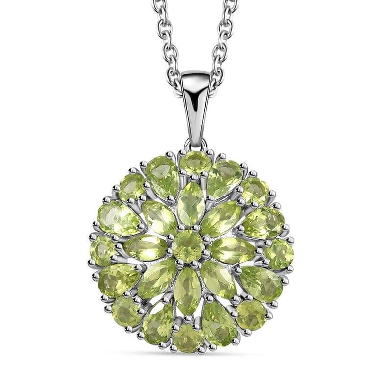 Peridot Dahlia Floral Spray Pendant Necklace 20 Inches in Platinum Over Sterling Silver 4.65 ctw
