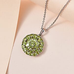 Peridot Dahlia Floral Spray Pendant Necklace 20 Inches in Platinum Over Sterling Silver 4.65 ctw