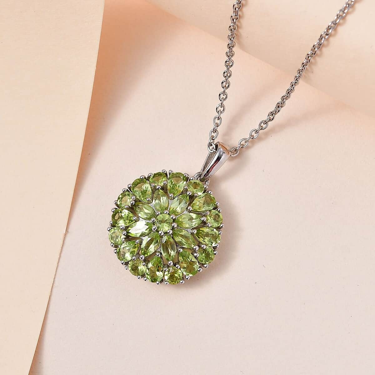 Peridot Floral Spray Pendant Necklace 20 Inches in Platinum Over Sterling Silver 4.65 ctw image number 1