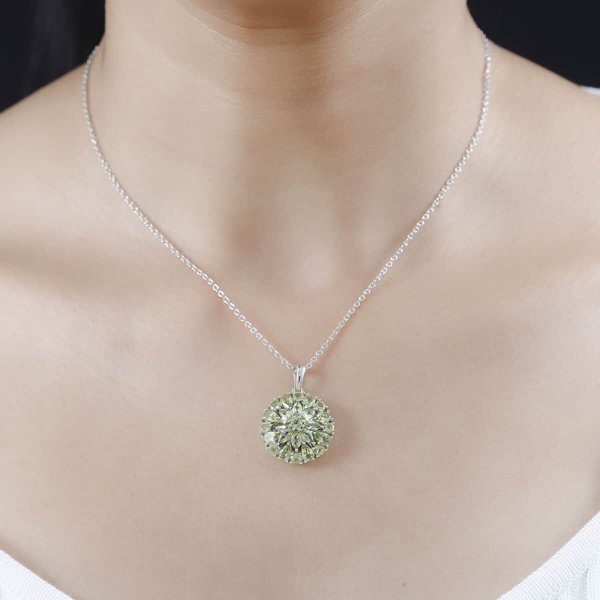 Peridot Floral Spray Pendant Necklace 20 Inches in Platinum Over Sterling Silver 4.65 ctw image number 2