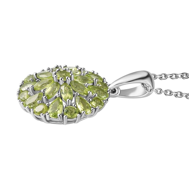 Peridot Dahlia Floral Spray Pendant Necklace 20 Inches in Platinum Over Sterling Silver 4.65 ctw