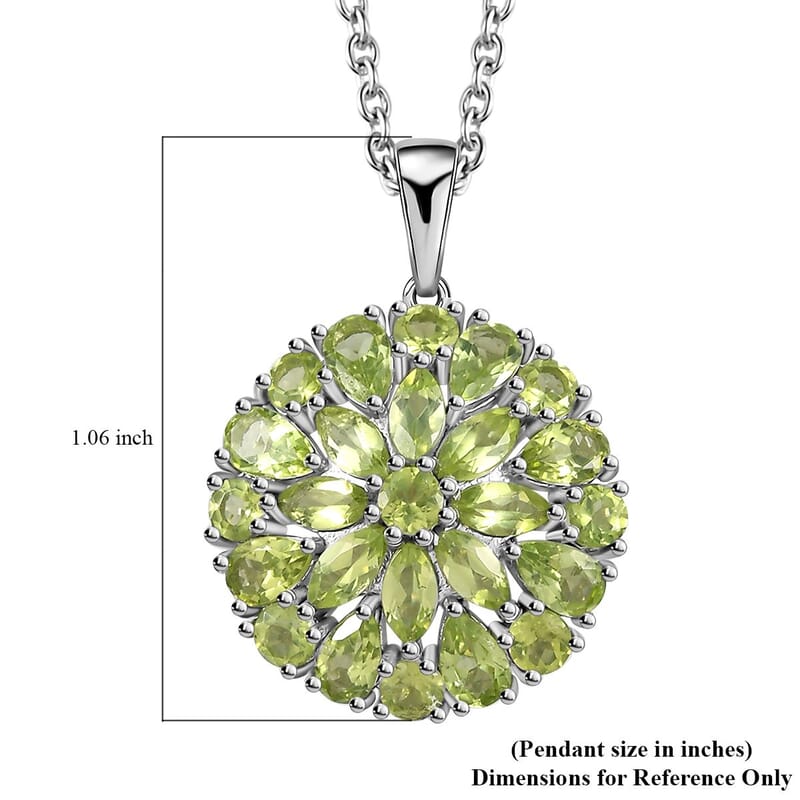 Peridot Dahlia Floral Spray Pendant Necklace 20 Inches in Platinum Over Sterling Silver 4.65 ctw