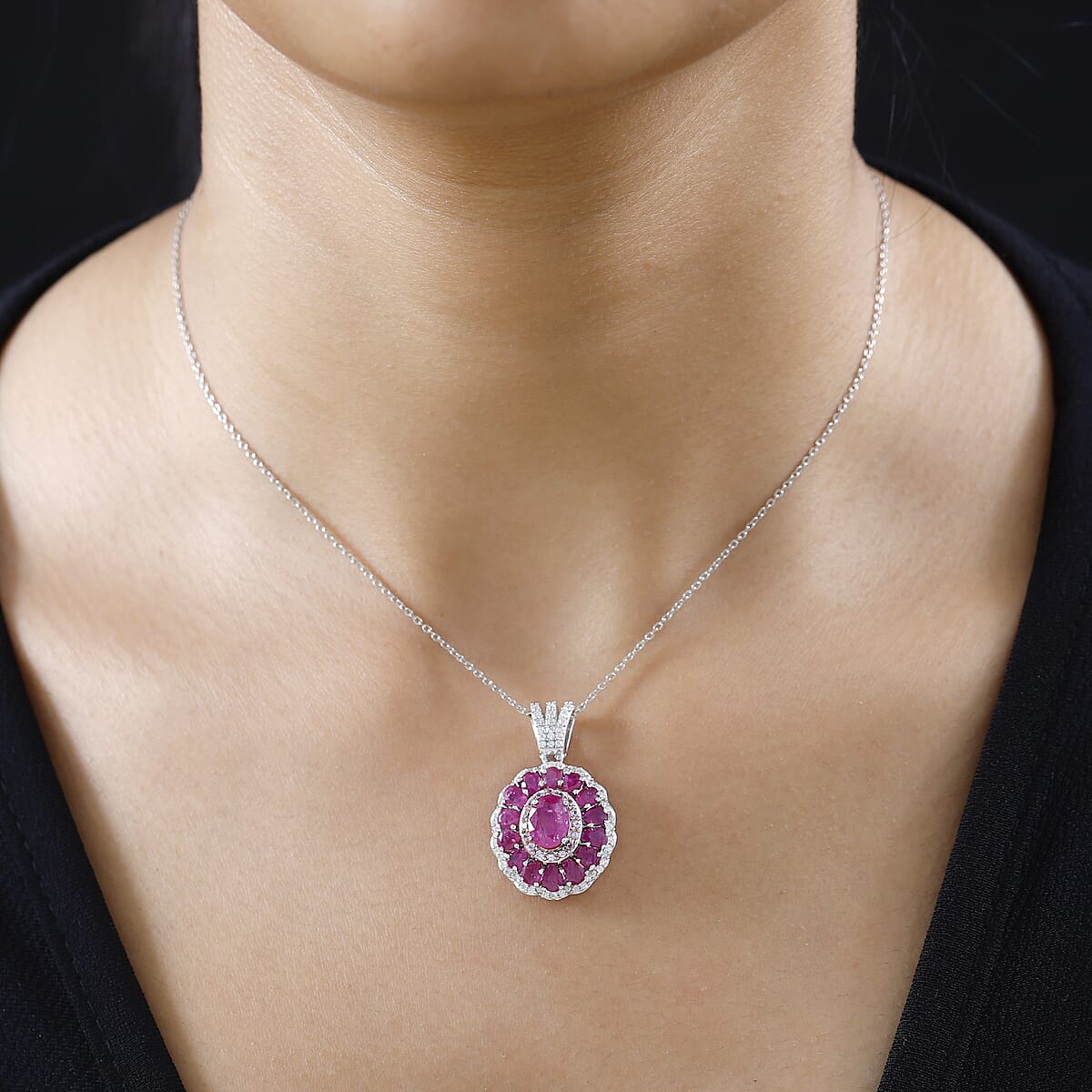 Mozambique Ruby and Multi Gemstone Cocktail Pendant Necklace 20 Inches in Platinum Over Sterling Silver 4.75 ctw image number 2