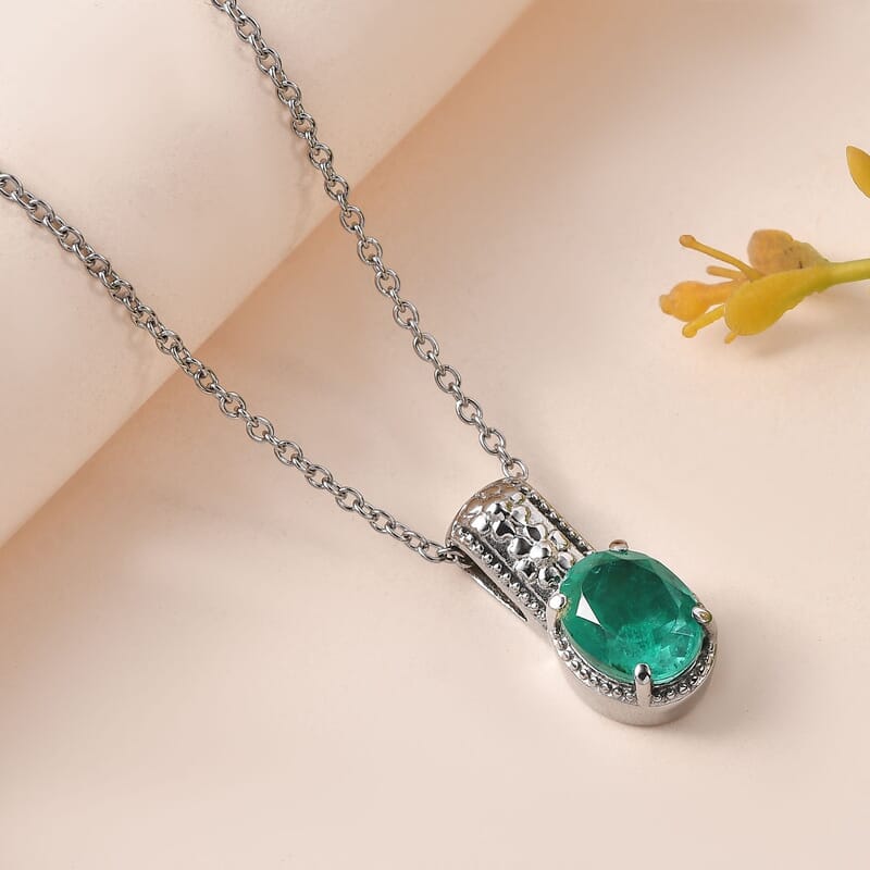 Emeraldine Quartz (Triplet) Solitaire Pendant Necklace 20 Inches in Stainless Steel 3.10 ctw