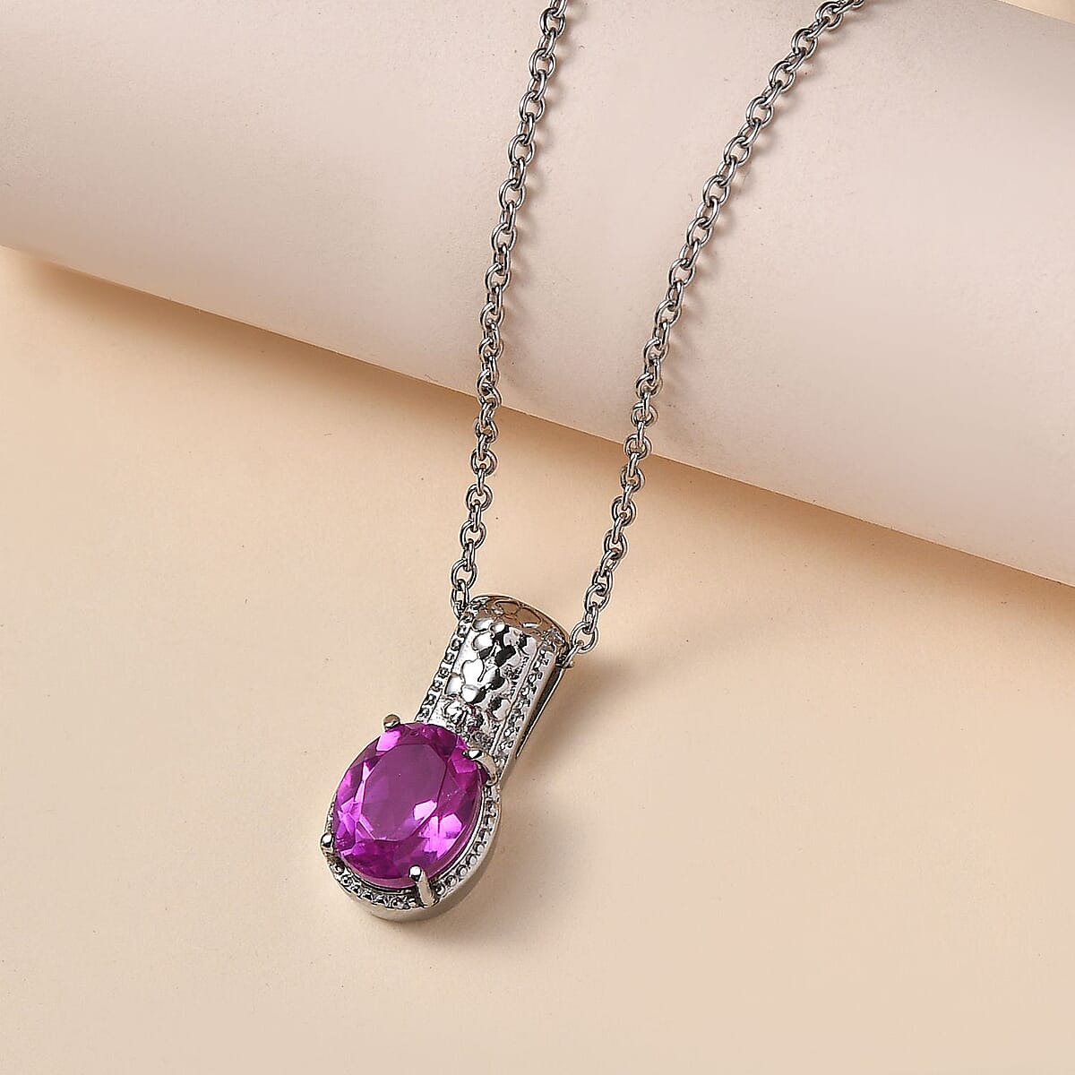 Radiant Orchid Quartz (Triplet) Solitaire Pendant Necklace 20 Inches in Stainless Steel 3.10 ctw image number 1