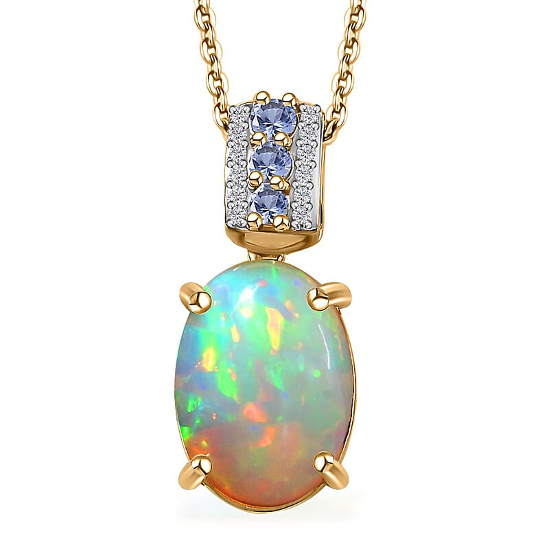 Premium Ethiopian Welo Opal and Multi Gemstone Pendant Necklace 20 Inches in Vermeil Yellow Gold Over Sterling Silver 4.10 ctw