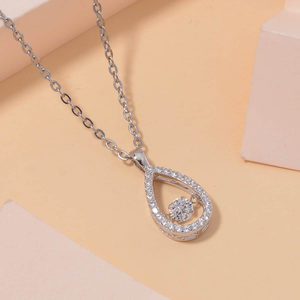 Simulated Diamond 1.25 ctw Halo Tear Drop Pendant in Platinum Over Sterling Silver with Stainless Steel Necklace 20 Inches  image number 1