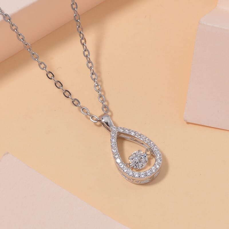 Simulated Diamond 1.25 ctw Tear Drop Pendant in Platinum Over Sterling Silver with Stainless Steel Necklace 20 Inches 
