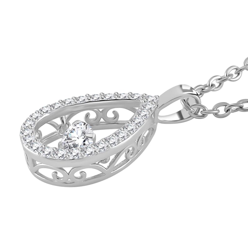 Simulated Diamond 1.25 ctw Tear Drop Pendant in Platinum Over Sterling Silver with Stainless Steel Necklace 20 Inches 