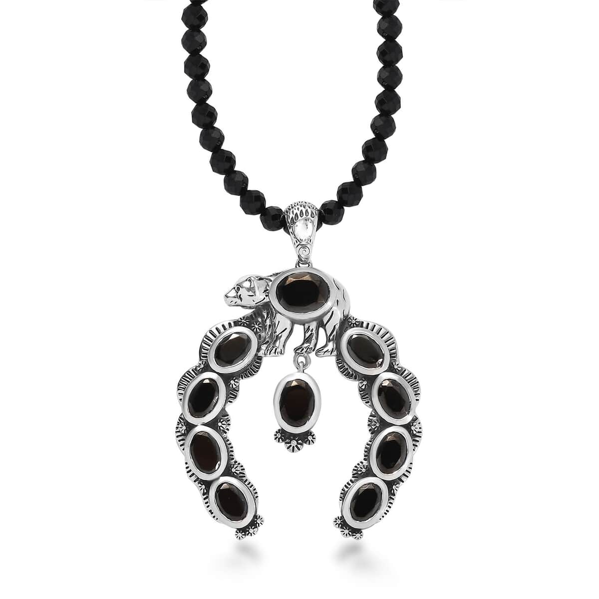 Artisan Crafted Elite Shungite Squash Blossom Bear Pendant with Black Spinel Beaded Necklace 18-20 Inches in Platinum Over Sterling Silver 79.80 ctw image number 0