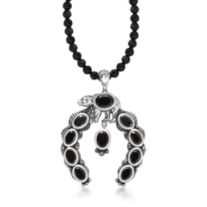 Artisan Crafted Elite Shungite Squash Blossom Bear Pendant with Black Spinel Beaded Necklace 18-20 Inches in Platinum Over Sterling Silver 79.80 ctw