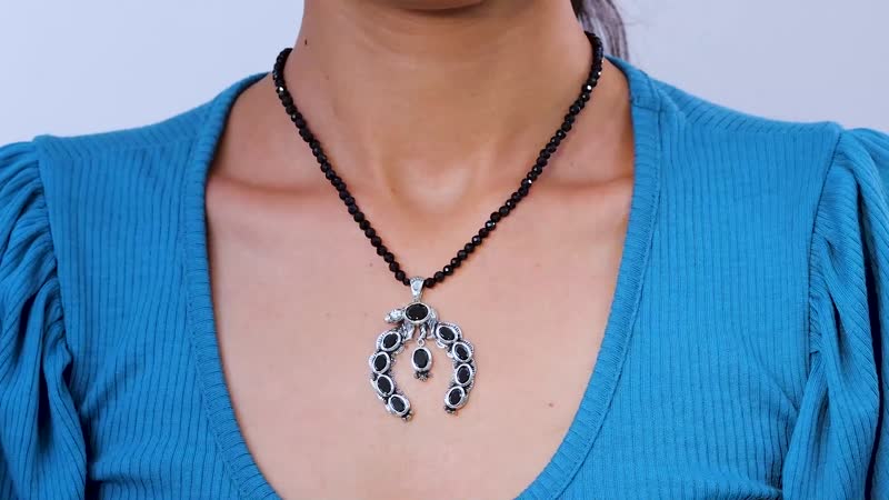 Artisan Crafted Elite Shungite Squash Blossom Bear Pendant with Black Spinel Beaded Necklace 18-20 Inches in Platinum Over Sterling Silver 79.80 ctw