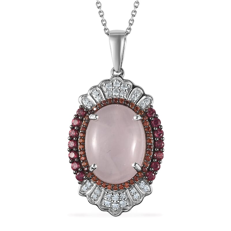 Premium Galilea Rose Quartz and Multi Gemstone 11.00 ctw Pendant Necklace in Rhodium Over Sterling Silver (20 Inches)
