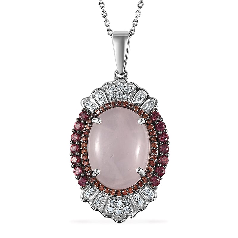 Premium Galilea Rose Quartz and Multi Gemstone 11.00 ctw Pendant Necklace in Rhodium Over Sterling Silver (20 Inches)