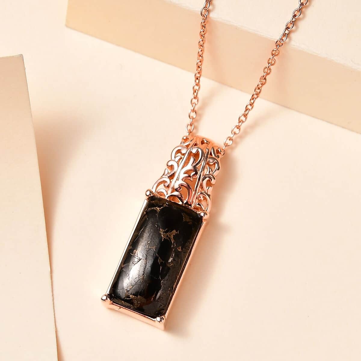 Matrix Silver Shungite Pendant in 14K RG Over Copper with Magnet and ION Plated RG Stainless Steel Necklace 20 Inches 8.10 ctw image number 1