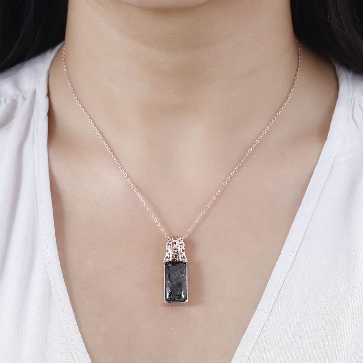 Matrix Silver Shungite Pendant in 14K RG Over Copper with Magnet and ION Plated RG Stainless Steel Necklace 20 Inches 8.10 ctw image number 2