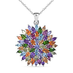 Multi Gemstone Floral Spray Pendant Necklace 18 Inches in Platinum Over Sterling Silver 6.40 ctw