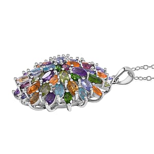 Multi Gemstone Floral Spray Pendant Necklace 18 Inches in Platinum Over Sterling Silver 6.40 ctw