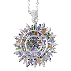 Multi Gemstone Floral Spray Pendant Necklace 18 Inches in Platinum Over Sterling Silver 6.40 ctw