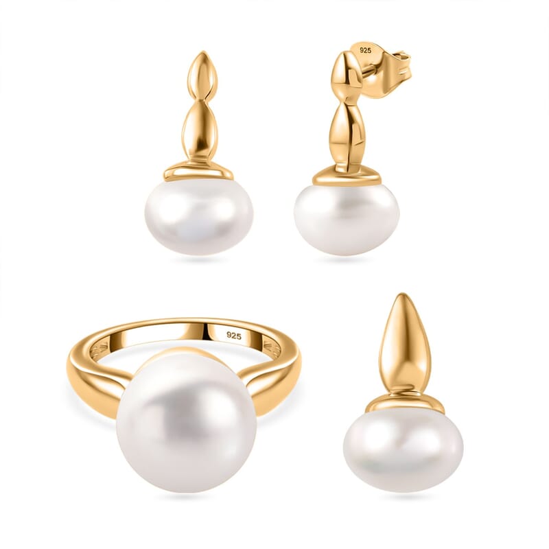 Freshwater Pearl Solitaire Ring (Size 11.50), Pendant without Chain and Earrings in 14K YG Over Sterling Silver