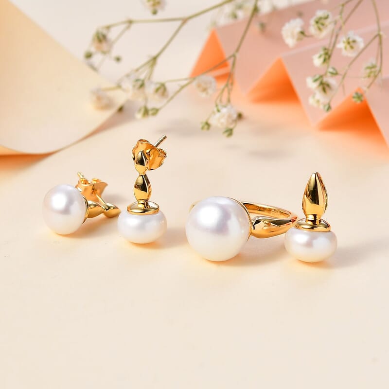 Freshwater Pearl Solitaire Ring (Size 11.50), Pendant without Chain and Earrings in 14K YG Over Sterling Silver