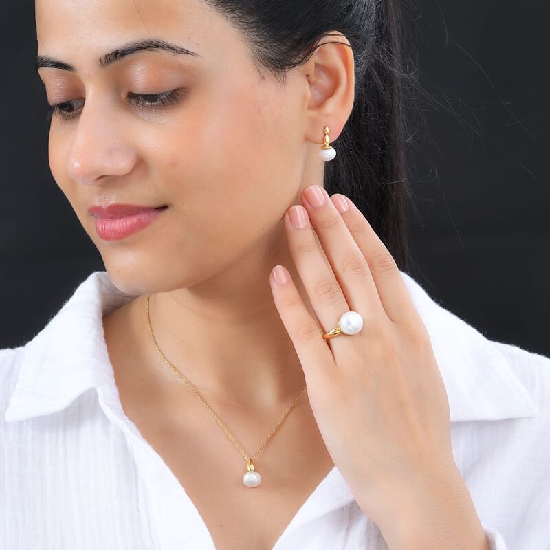Freshwater Pearl Solitaire Ring (Size 11.50), Pendant without Chain and Earrings in 14K YG Over Sterling Silver