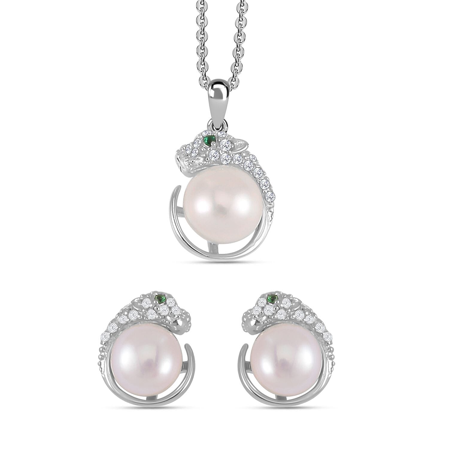 Freshwater Pearl, Simulated Green and White Diamond Necklace (17.5 Inches) and Earrings in Rhodium Over Sterling Silver