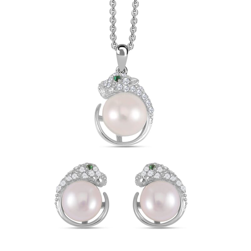 Freshwater Pearl, Simulated Green and White Diamond Necklace (17.5 Inches) and Earrings in Rhodium Over Sterling Silver