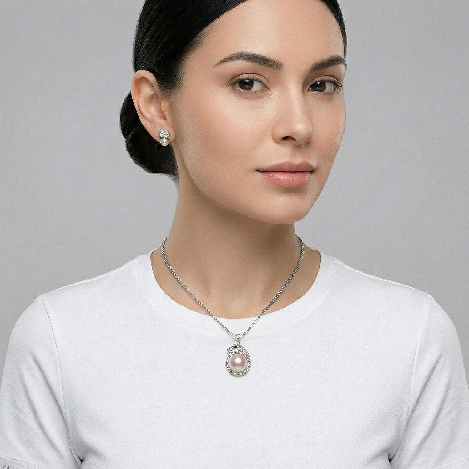 Freshwater Pearl, Simulated Green and White Diamond Necklace (17.5 Inches) and Earrings in Rhodium Over Sterling Silver
