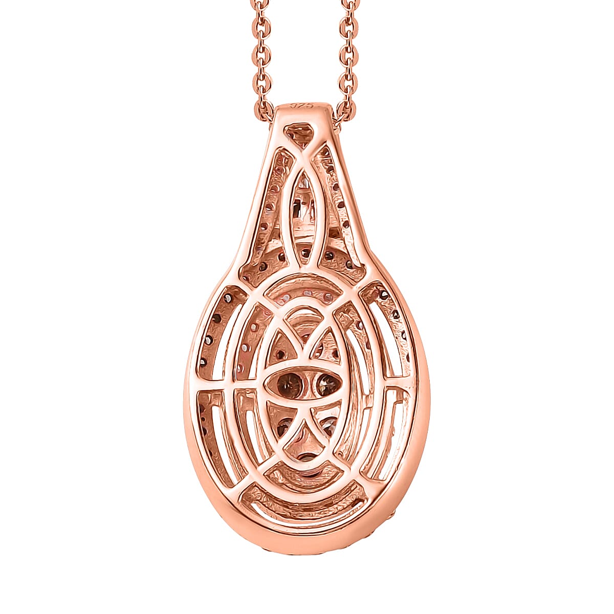 Natural Champagne and White Diamond Oval Shape Pendant Necklace 20 Inches in Vermeil Rose Gold Over Sterling Silver 1.00 ctw