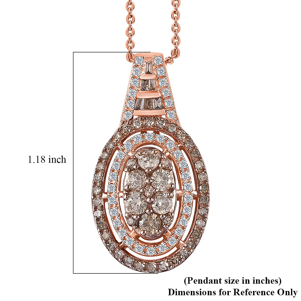 Natural Champagne and White Diamond Oval Shape Pendant Necklace 20 Inches in Vermeil Rose Gold Over Sterling Silver 1.00 ctw
