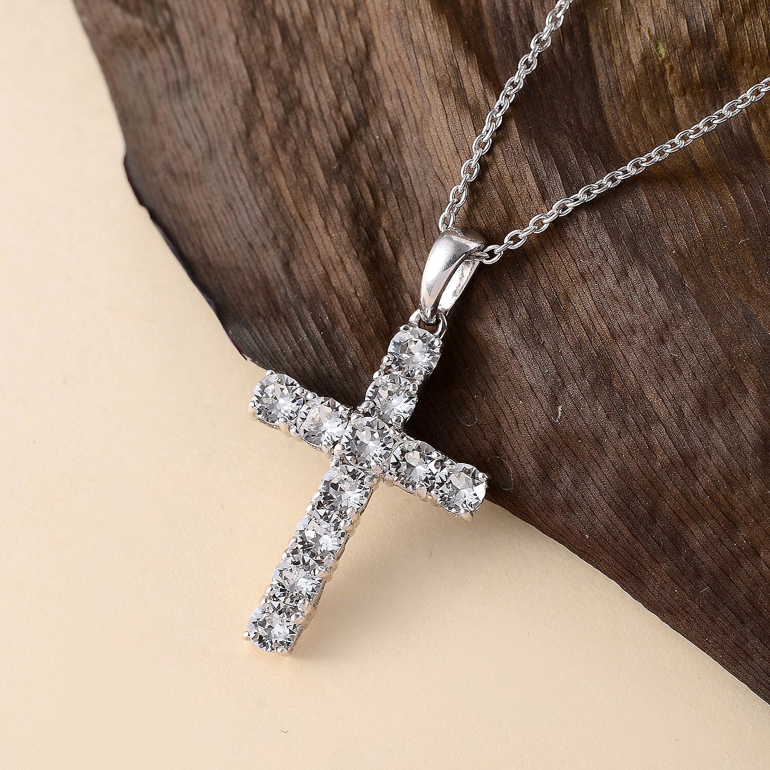 Austrian Crystal Cross Pendant Necklace (20 Inches) in Platinum Over Sterling Silver