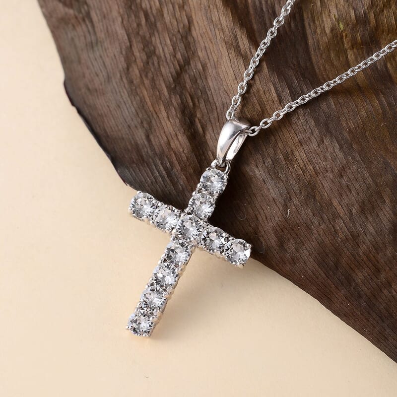 Austrian Crystal Cross Pendant Necklace (20 Inches) in Platinum Over Sterling Silver