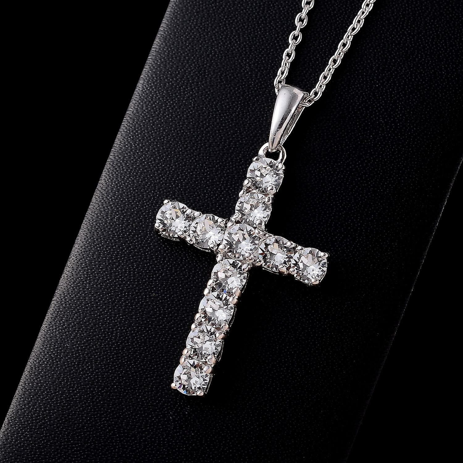 Austrian Crystal Cross Pendant Necklace (20 Inches) in Platinum Over Sterling Silver