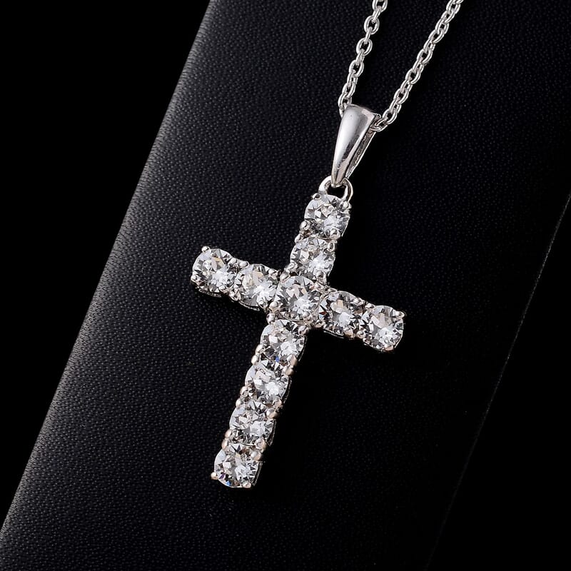 Austrian Crystal Cross Pendant Necklace (20 Inches) in Platinum Over Sterling Silver