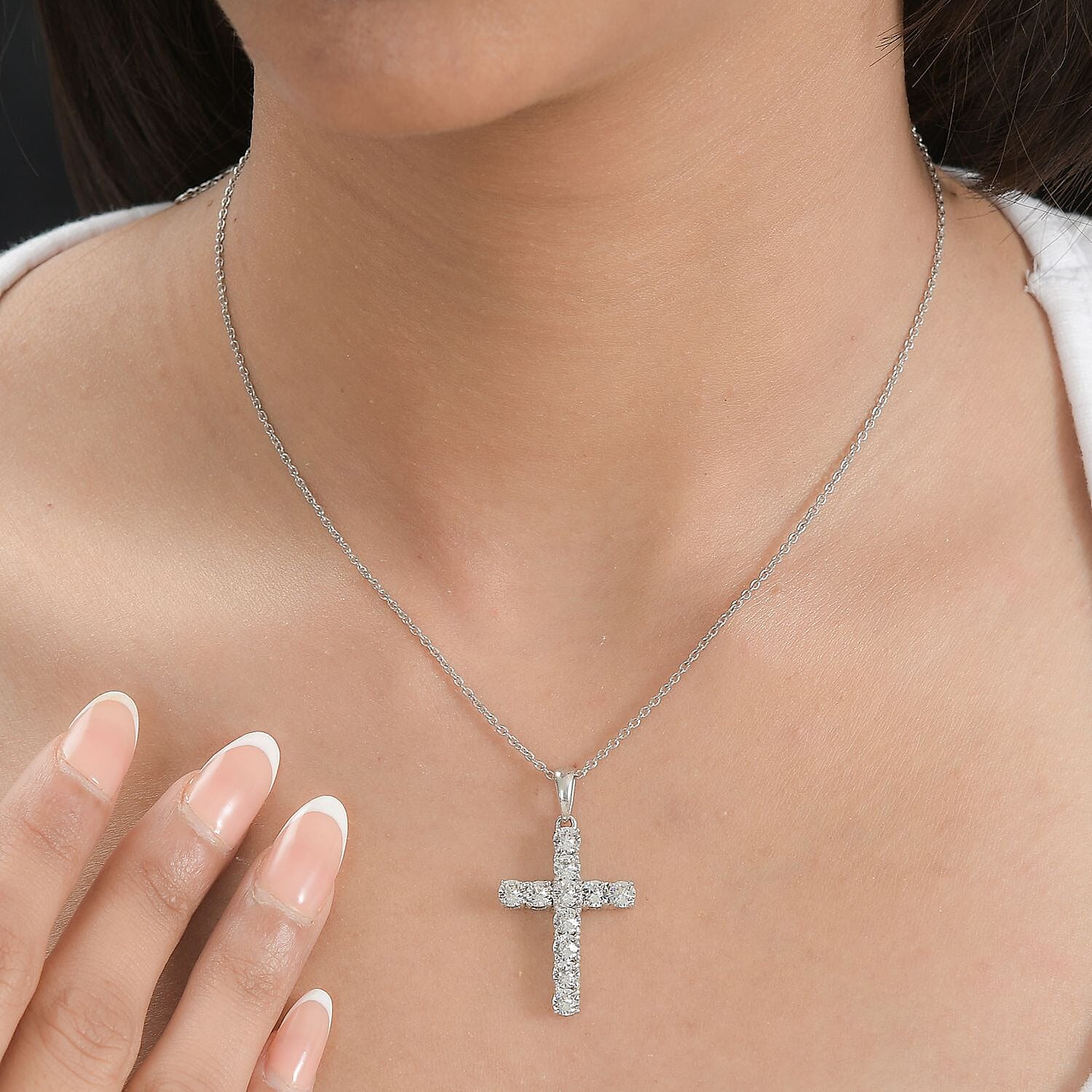 Austrian Crystal Cross Pendant Necklace (20 Inches) in Platinum Over Sterling Silver
