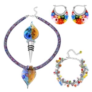 Set of Multi Color Murano Style Beaded Charm Anklet (9-11In), Basket Earrings, 20-23 inch Pendant Necklace and Bottle Stopper in Silvertone and Stainless Steel