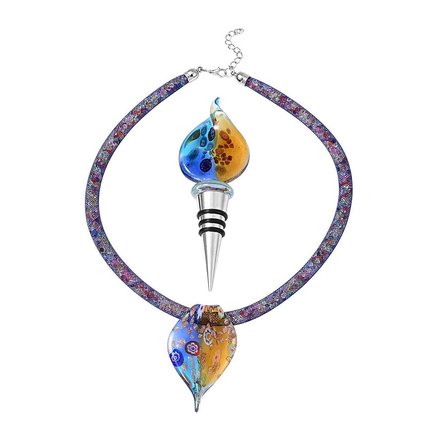 Set of Multi Color Murano Style Beaded Charm Anklet (9-11In), Basket Earrings, 20-23 inch Pendant Necklace and Bottle Stopper in Silvertone and Stainless Steel