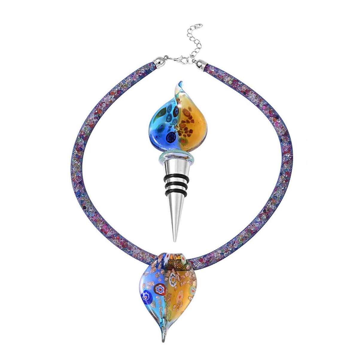 Multi Color Murano Style Beaded Charm Anklet (9-11In), Basket Earrings and Pendant With Necklace (20-23 Inches) and Bottle Stopper in Silvertone and Stainless Steel image number 1